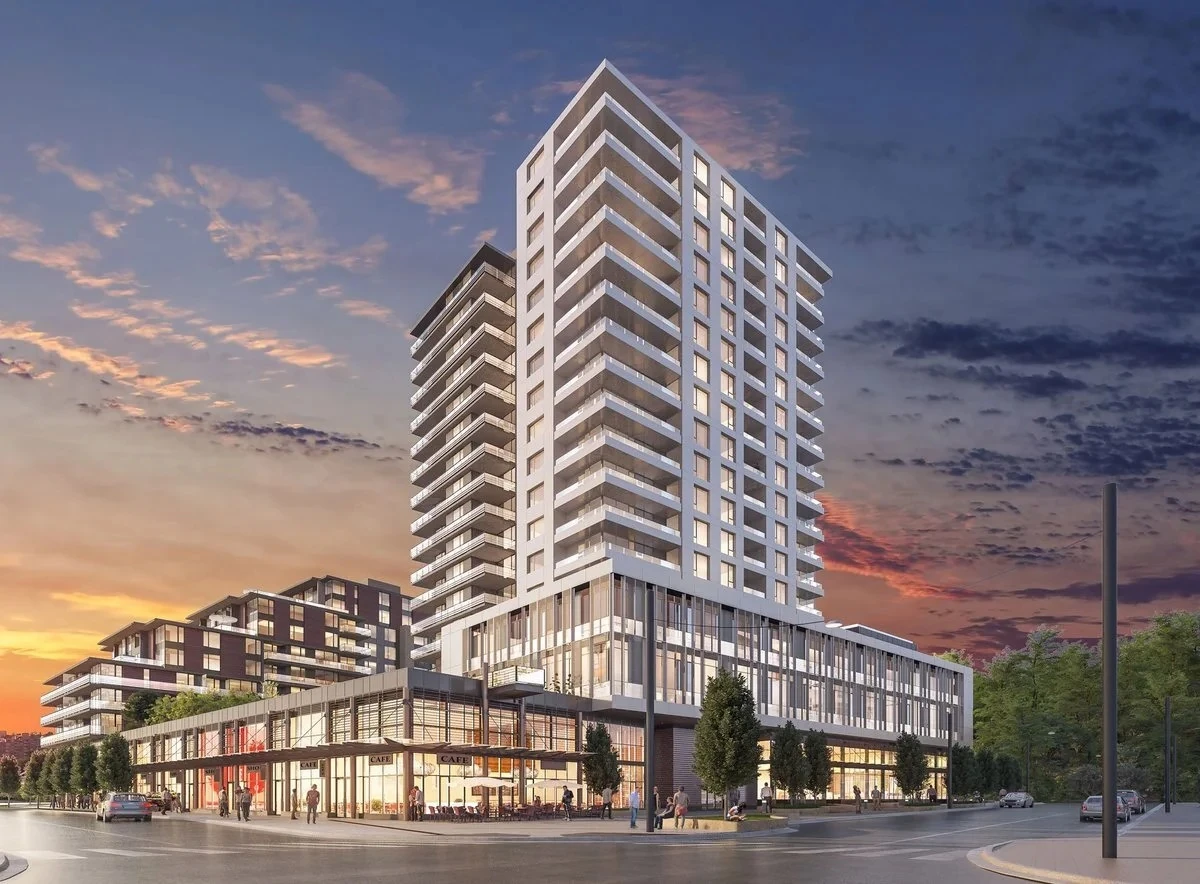 River District Parcel 15 multifamily exterior at dusk